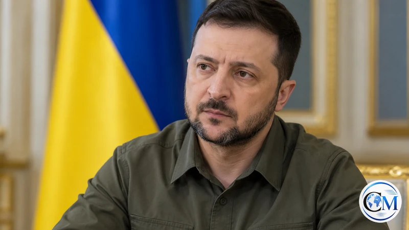 Ritratto editoriale sintetico di Volodymyr Zelenskyy con bandiera ucraina; non è una fotografia dell'intervista ad ABC.