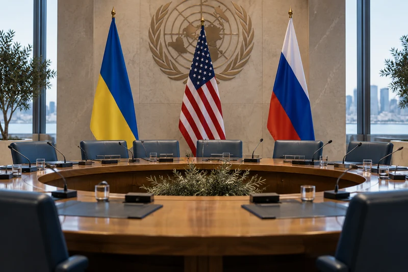 Illustrazione editoriale IA neutrale di una sala diplomatica con bandiere di Ucraina, Russia e Stati Uniti; scena non documentaria.