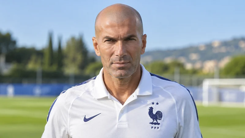 Zinedine Zidane con la divisa francese sul campo di allenamento, illustrazione editoriale IA non documentaria.