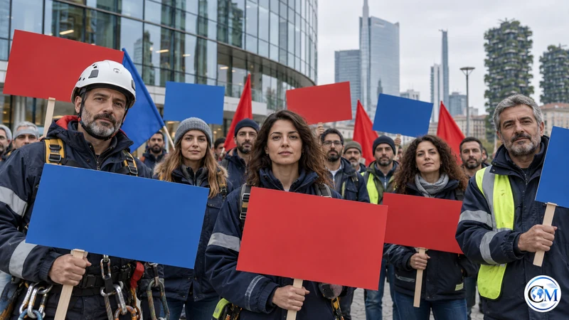 Lavoratori delle telecomunicazioni in una manifestazione pacifica a Milano; illustrazione editoriale IA non documentaria.