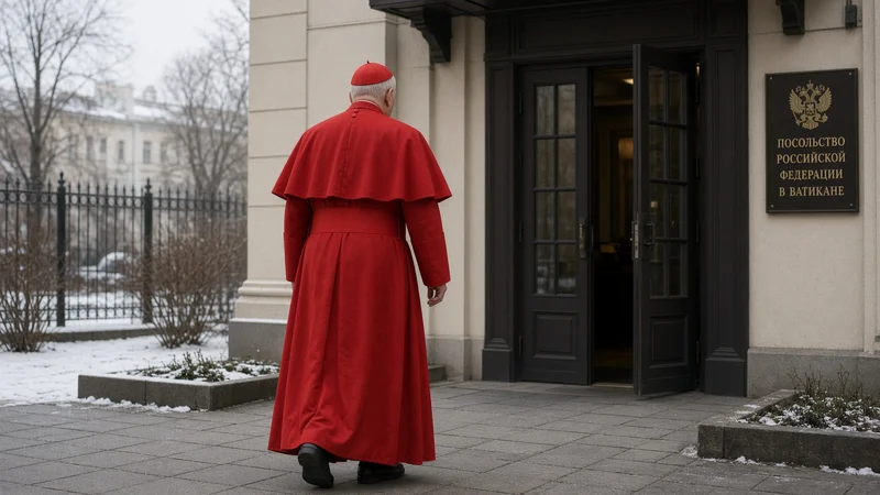 Cardinale di spalle in abito rosso all’ingresso di un edificio; illustrazione editoriale IA non documentaria.