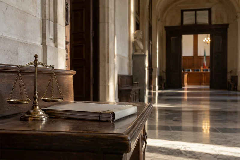 Scena editoriale contestuale generata con IA in un tribunale italiano vuoto, con fascicolo neutro e bilancia; non documentaria.