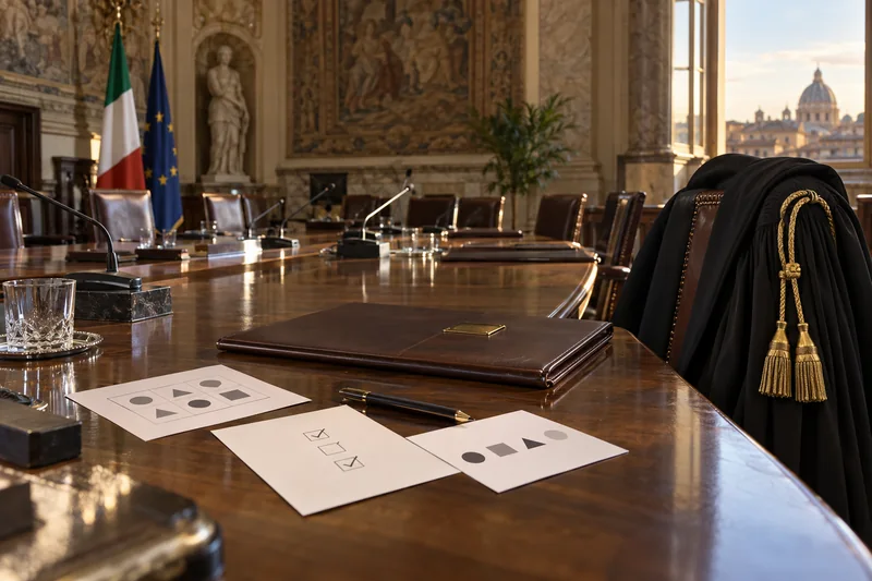 Scena editoriale contestuale generata con IA in una sala istituzionale italiana, con toga da magistrato e schede astratte di valutazione; non documentaria.